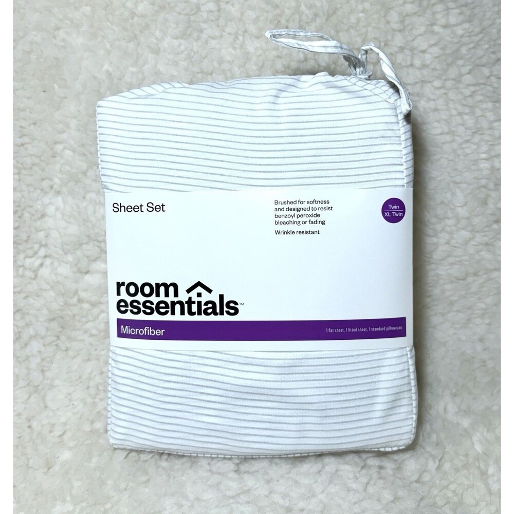 Room Essentials Twin/Twin XL Sheet Set 3-Pc Set White Gray Stripe Microfiber NEW